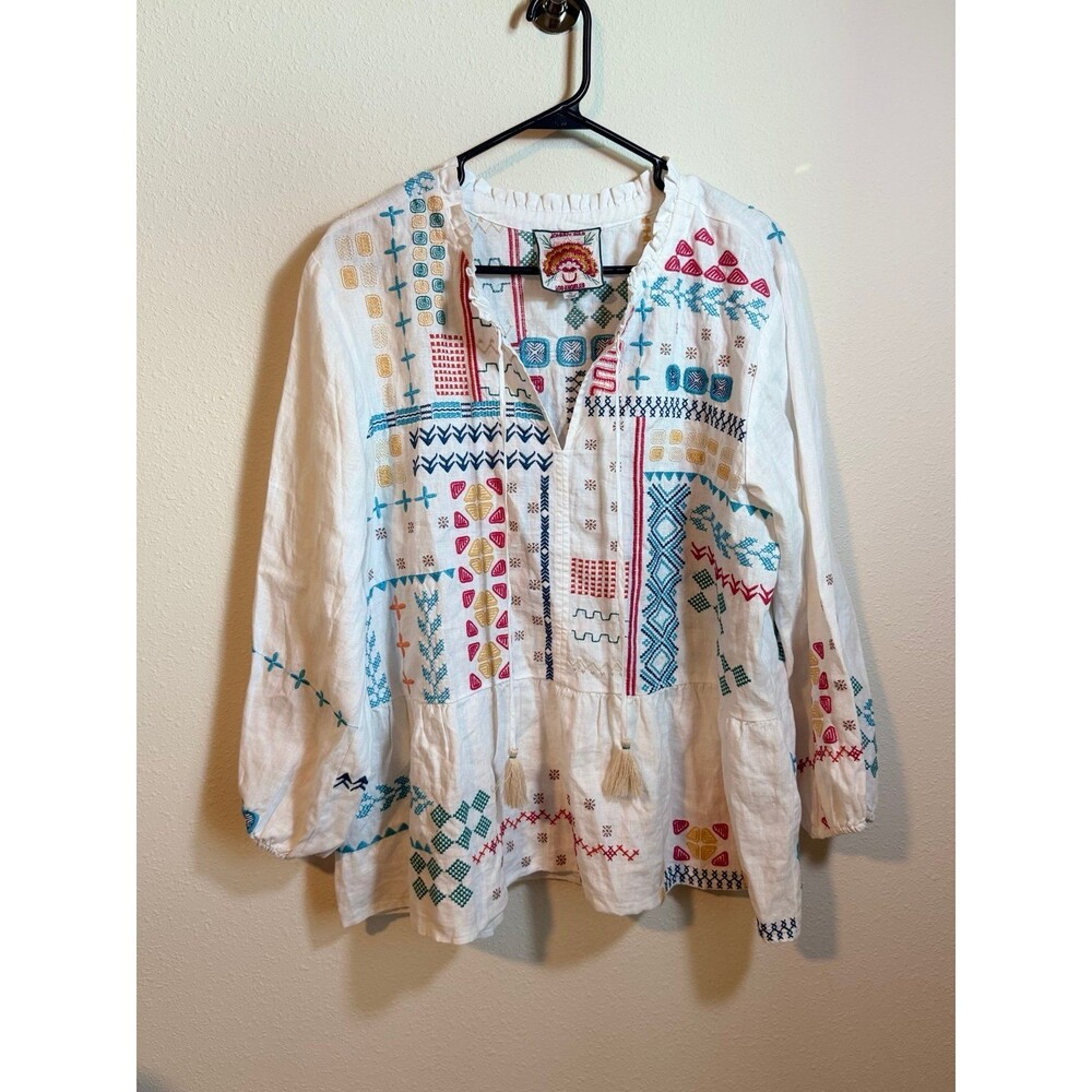 Johnny Was Katie Embroidered Peplum Linen 3/4 Sleeve Top Women’s Size X-Large